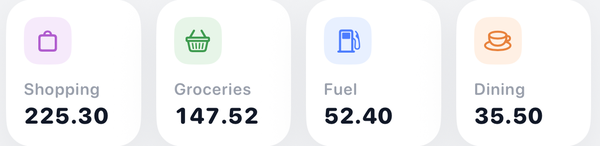 Spending split by category: shopping, groceries, fuel, dining