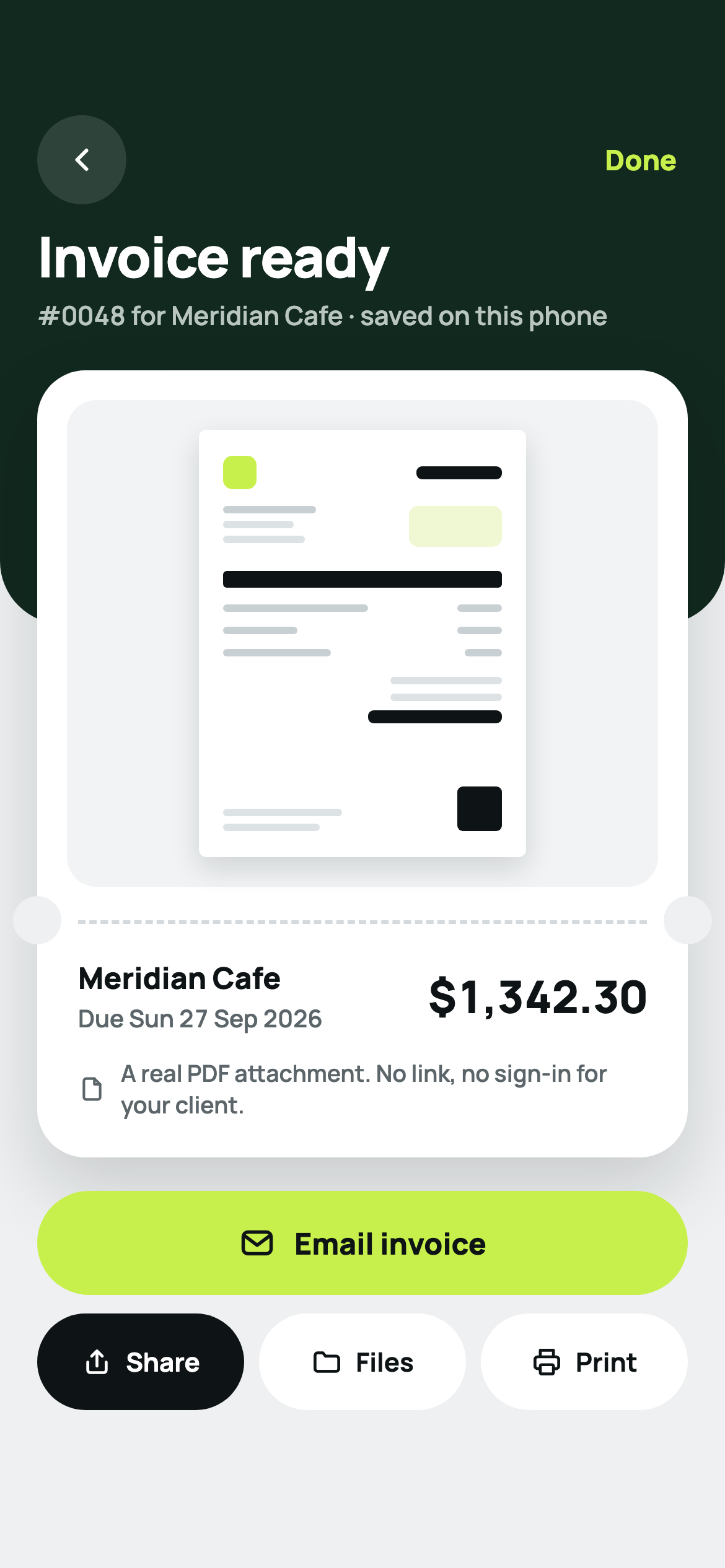 An invoice ready to email as a PDF