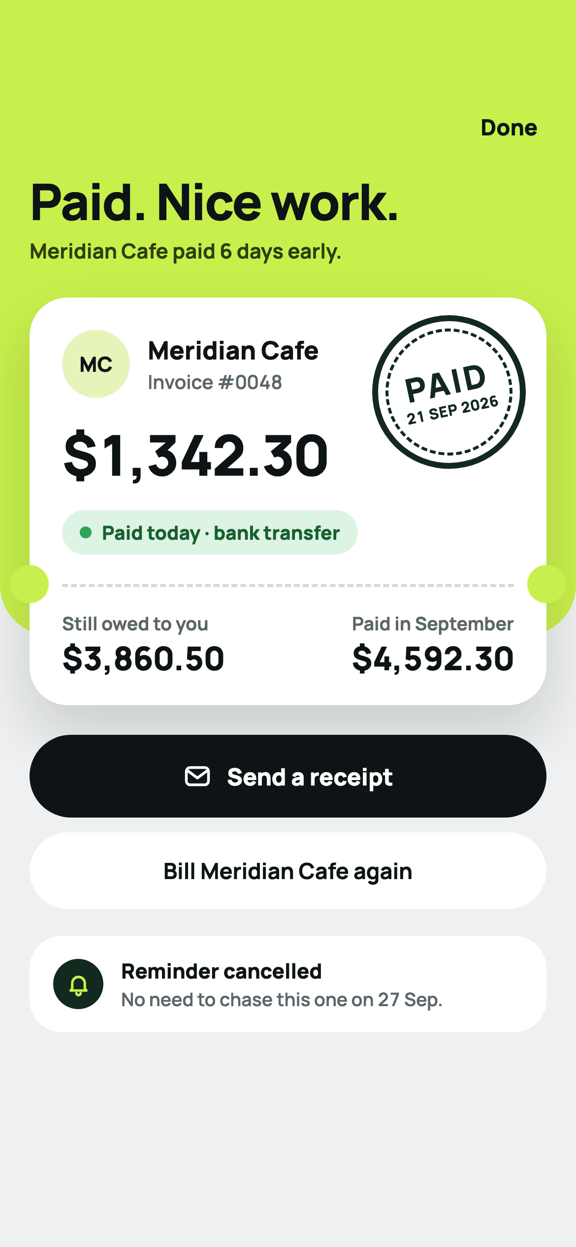 An invoice marked paid